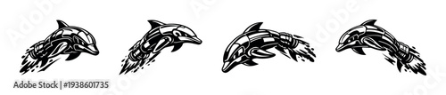 Dynamic dolphin silhouette set, black and white vector illustration of aquatic theme