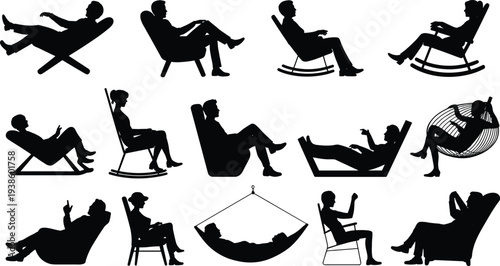 People relaxing in different chairs silhouette set, lounging reading rocking hammock leisure collection, comfortable seating lifestyle illustration isolated on white