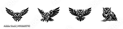 Geometric owl vector illustrations, black and white, set of stylized owl designs