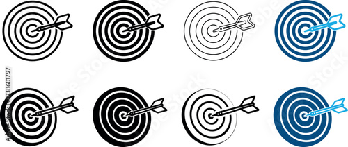 Icon set of colorful and monochrome targets with arrows for precision and accuracy