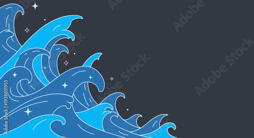 Stylized Depiction of Dynamic Blue Ocean Waves with Sparkling Stars Against a Dark Navy Background Abstract Sea Water Patterns in a Serene Natural Environment