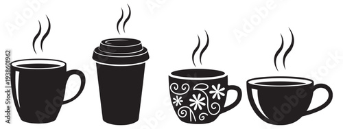 Hot Coffee Cup Silhouettes Set, collection of steaming mugs and takeaway cups, black white drink icons for cafe marketing design