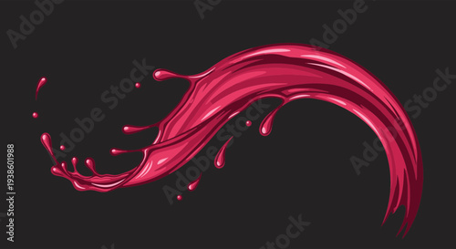 Vibrant Crimson Liquid Splash Dynamically Curving and Swirling with Droplets in Motion Against a Dark Gray Background Depicting Fluid Energy and Refreshment