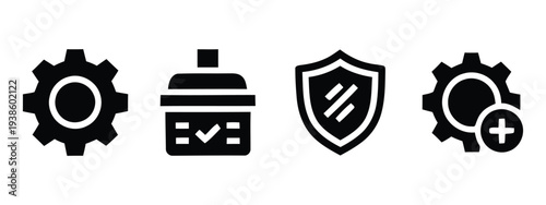 Black and white icons for settings battery shield and gear