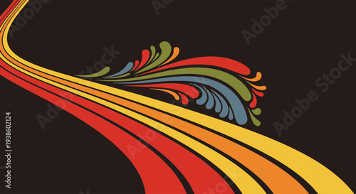 Retro Psychedelic Flowing Lines and Abstract Organic Shapes in Warm Vibrant Colors on Dark Background