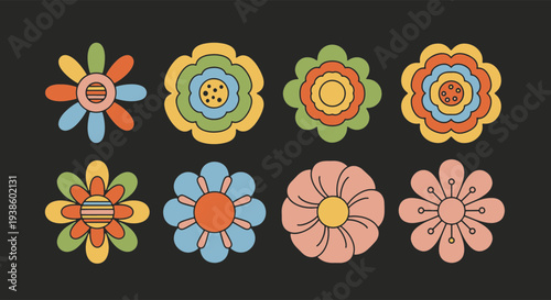 Retro Groovy Flowers with Rounded Petals and Concentric Colorful Layers Simple Flat Design Elements for Vintage Inspired Graphic Projects and Boho Decor