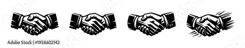 Set of four black and white handshake illustrations in vector style