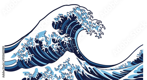 Dynamic Japanese Great Wave Crashing with Foaming Crests and Abstract Stylized Water Ripples in Shades of Deep Blue and Light Turquoise