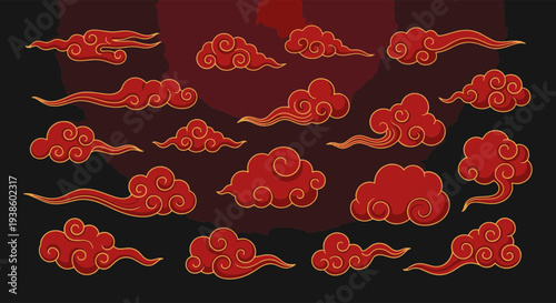 Traditional Asian Red Clouds with Golden Swirling Patterns on a Dark Abstract Background Symbolizing Auspiciousness and Good Fortune