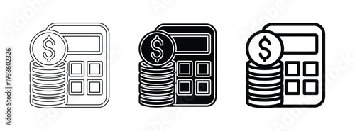 Calculator with stacked coins icons showing business finances and accounting concept.