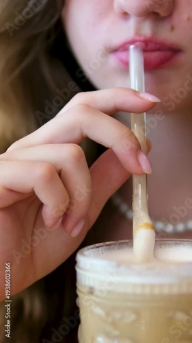A girl drinks coffee through a glass straw. Stir the drink. Iced latte.