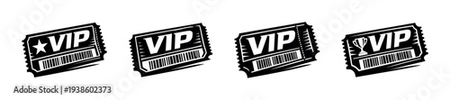 Black and white vip ticket silhouette set with various decorative designs