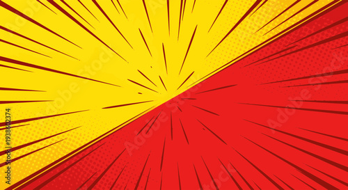 Explosive Radial Comic Book Style Burst Effect with Contrasting Yellow and Red Halves Divided Diagonally and Vibrant Halftone Dots Pattern