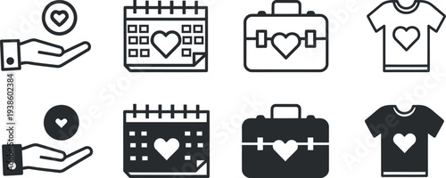 Icon set featuring hearts and everyday objects for design and communication