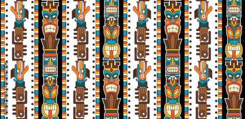 Seamless tribal mayan motif pattern. Old school pattern design. Hand draw mayan mask face background