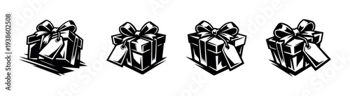 Black and white vector illustration of gift boxes with bows and tags