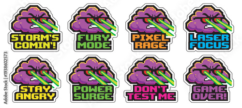 retro gaming sticker set with pixel brain character shooting laser eyes, arcade style mascot badges with typography slogans isolated on transparent background