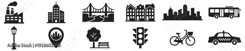 urban city vector icon set, buildings transport street infrastructure bus bicycle car bridge and traffic symbols isolated on transparent background