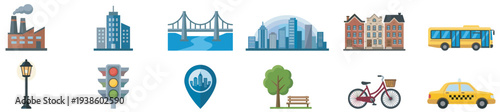 colorful urban city vector icon set, buildings transport street infrastructure bus bicycle car bridge and traffic symbols isolated on transparent background