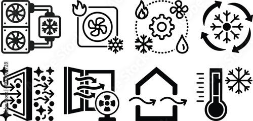 Ventilation System icon set. Containing air conditioner, fan, exhaust fan, air duct system, humidifier, vent and more. Solid vector icons collection. Vector illustration.hvac icon.Electric fan vector.