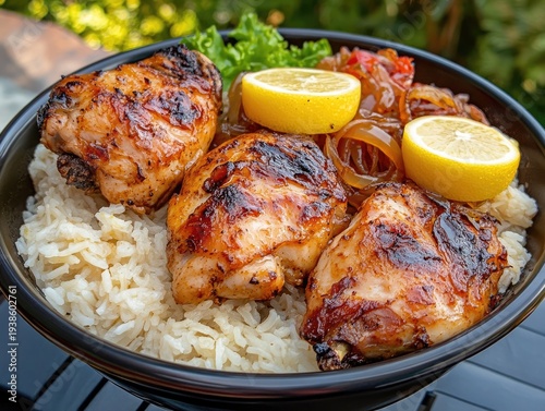 Grilled chicken thighs served on a bed of rice with lemon slices and sauteed onions, garnished with fresh lettuce in a black bowl on a wooden surface