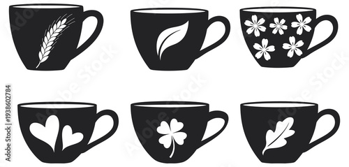 Decorative Coffee Cup Silhouettes Set, floral patterned coffee mugs collection, modern cafe beverage illustration isolated on white background vector icons