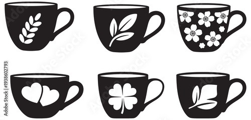 Decorative Coffee Cup Silhouettes Set, floral leaf heart patterns on mugs, modern cafe beverage illustration isolated on white background vector