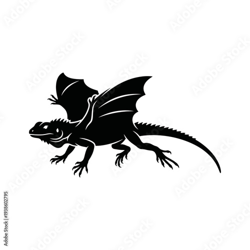 A black and white vector illustration of a flying fantasy dragon silhouette featuring large wings and a long tail in a mythological tattoo art design