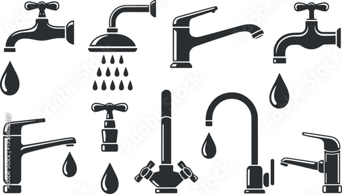 Black Silhouette Vector Icons Set of Faucets Taps Showers and Drops