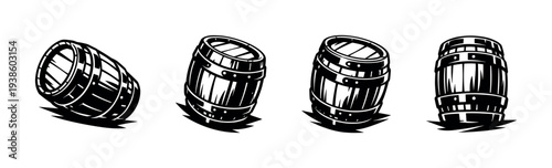 Vintage wooden barrels illustration in black and white silhouette style