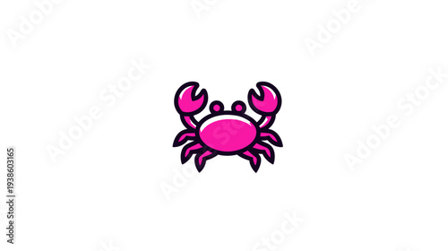 A simple illustration of a stylized crab. The crab is colored bright pink with darker outlines