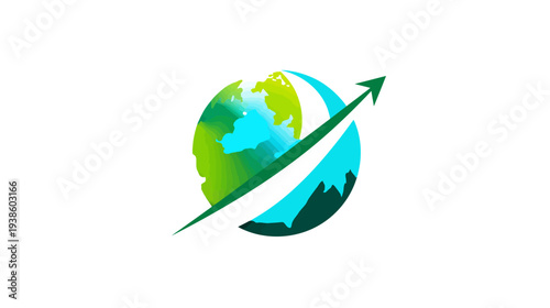 Stylized globe with green landmass and a blue sea, with a green arrow pointing upwards