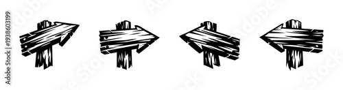 Rustic wooden arrow signs vector set with black and white silhouette design