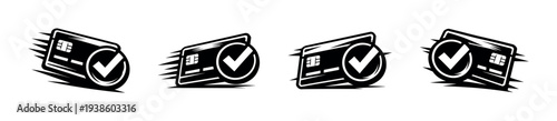 Credit card with checkmark symbol vector black and white silhouette set