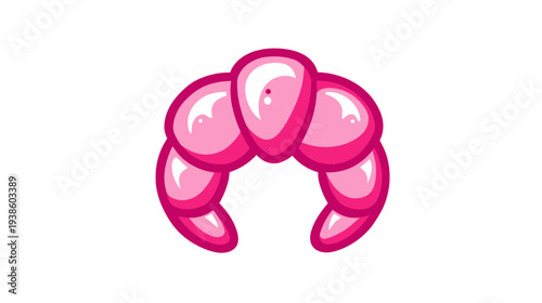 A stylized pink croissant, depicted with glossy highlights and outlined in darker pink, on a white background