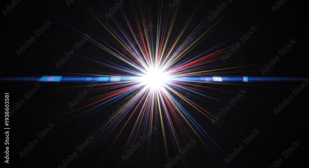 Obraz premium Bright Lens Flare Effect with Starburst and Light Streaks on Black Background.