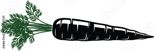 Flat vector illustration of carrot silhouette with leafy top, vegetable design, healthy food icon, farming agriculture symbol, nutrition concept art