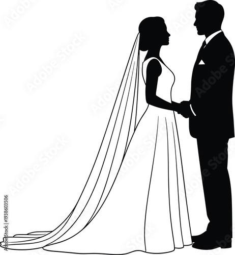 Flat vector illustration of bride and groom silhouette holding hands, wedding ceremony design, romantic love symbol, marriage partnership concept artwork