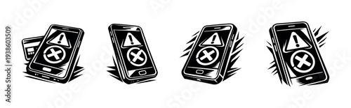 Black and white vector illustration of phones with error icon set
