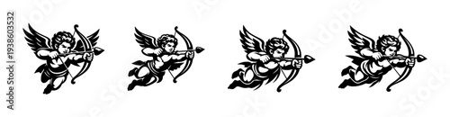 Black and white cupid archer silhouettes vector illustration set