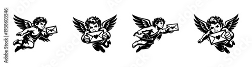 Black and white vector illustrations of cherubs holding envelopes set
