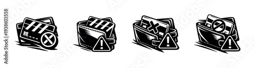 Vector illustration of wallet and credit card with error symbols silhouette