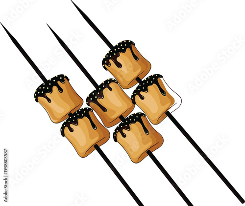 Flat vector illustration of toasted marshmallow skewers with melted chocolate topping, sweet dessert design icon, camping treat artwork, festive food concept