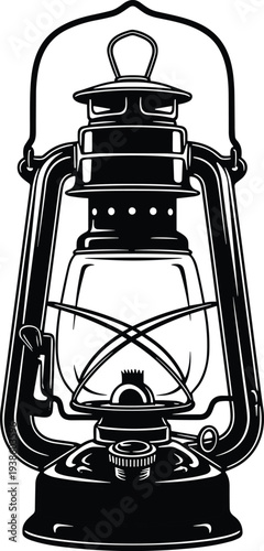 Flat vector illustration of vintage kerosene lantern silhouette with glass chamber, metal frame, wick design, classic lighting device, historical artwork
