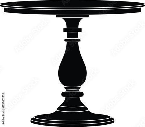 Flat vector illustration of round pedestal table silhouette with ornate central support, furniture design icon, interior decor element, classic home artwork