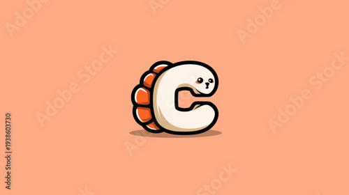 Adorable illustrated letter "C" design, sushi-inspired with cute face and orange accents