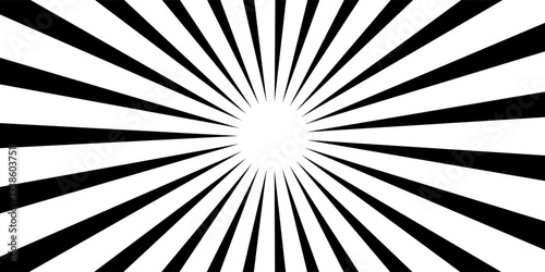 Sun ray light. Sun rays background. Radial burst. Sunburst black pattern isolated on white background. Beams line. Radiate sunlight. Comic effect texture. Retro pop art stripe. Eps10