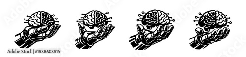 Robotic hand holding brain illustration set black and white vector silhouette