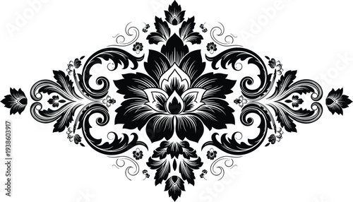 Flat vector illustration of ornamental lotus flower silhouette with swirling foliage, decorative floral motif, symmetrical design, elegant black pattern art