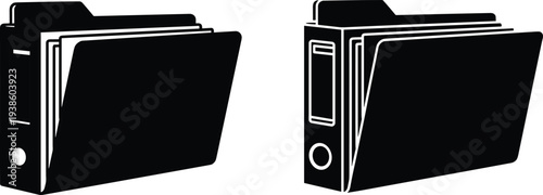 Flat vector illustration of office binder silhouette with ring mechanism, document folder design icon, organizational tool artwork, business filing concept